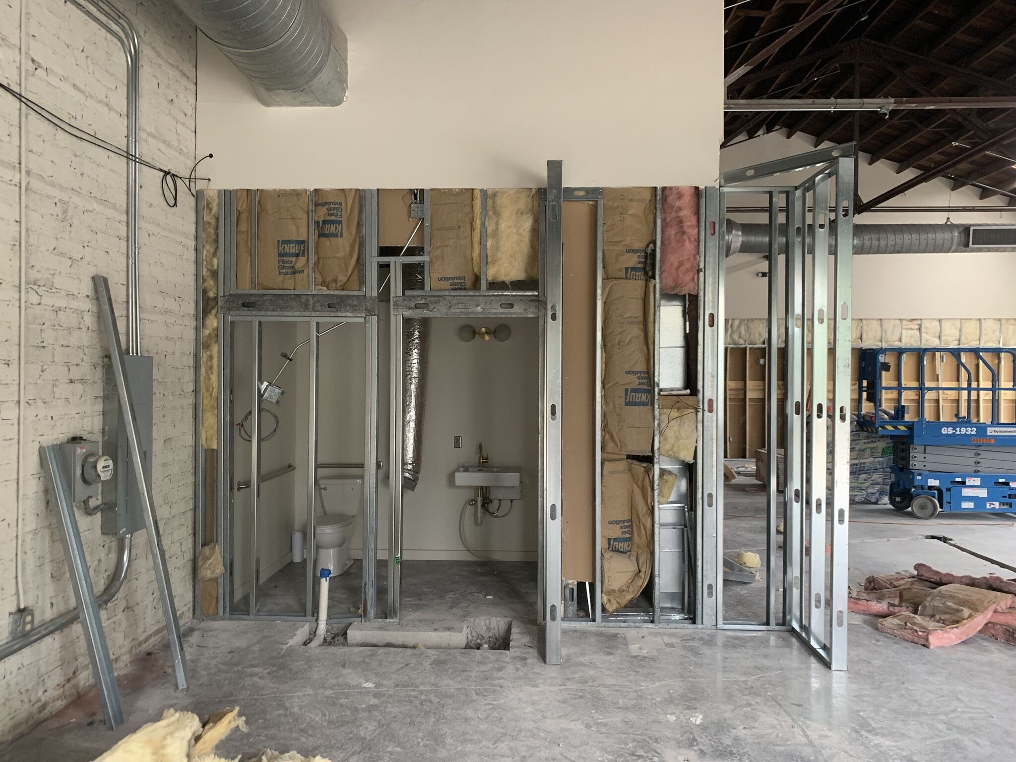 Framing for a new restroom core during the Schumacher fit-out
